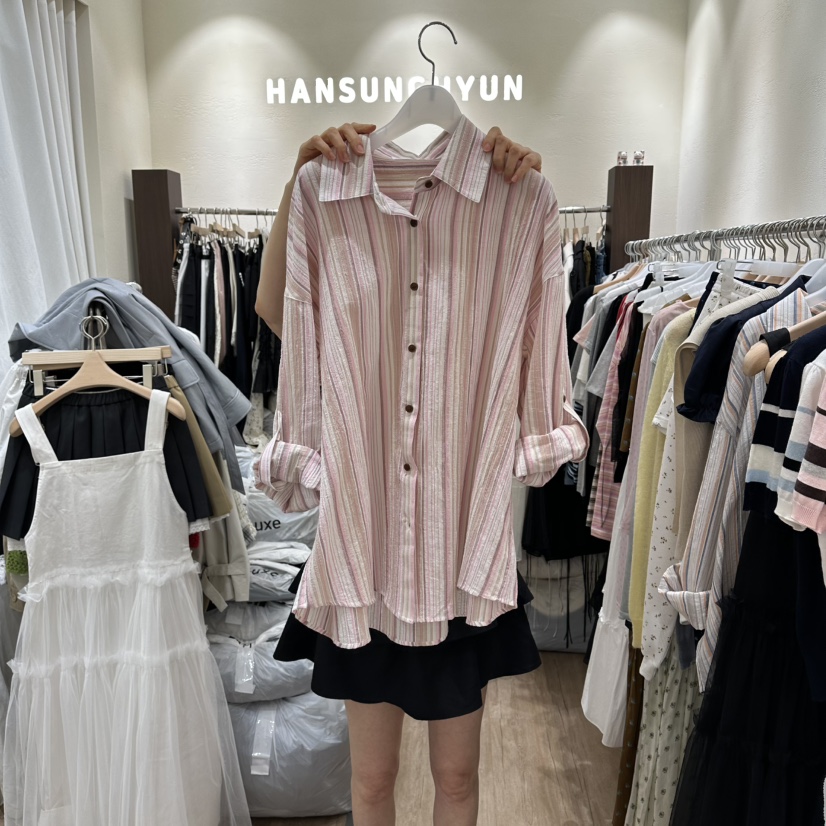 HANSUNGHYUN韓國直郵女士新品26春夏熱賣休閑襯衫蕾絲衫條紋HANSUNGHYUN襯衫/蕾絲衫圖色2