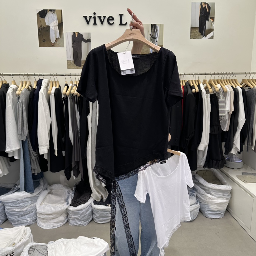 VIVEL韓國代購女裝新品時尚職業熱賣人氣休閑推薦T恤蕾絲VIVELT恤圖色2