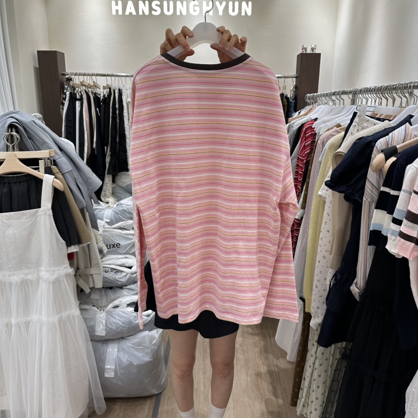 HANSUNGHYUN韓國代購女裝新款休閑職業時尚長袖T恤寬松條紋HANSUNGHYUN長袖T恤