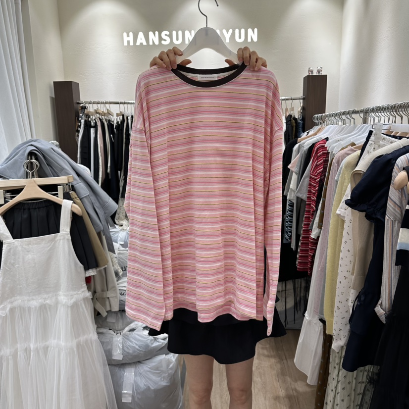 HANSUNGHYUN韓國代購女裝新款休閑職業時尚長袖T恤寬松條紋HANSUNGHYUN長袖T恤圖色1