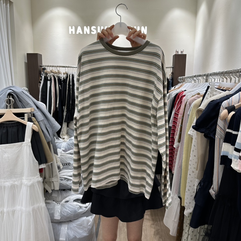 HANSUNGHYUN韓國代購女裝新款休閑職業時尚長袖T恤寬松條紋HANSUNGHYUN長袖T恤圖色2