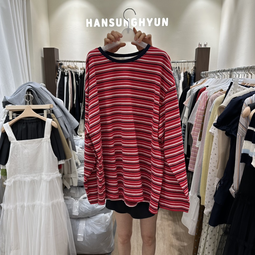 HANSUNGHYUN韓國代購女裝新款休閑職業時尚長袖T恤寬松條紋HANSUNGHYUN長袖T恤圖色3