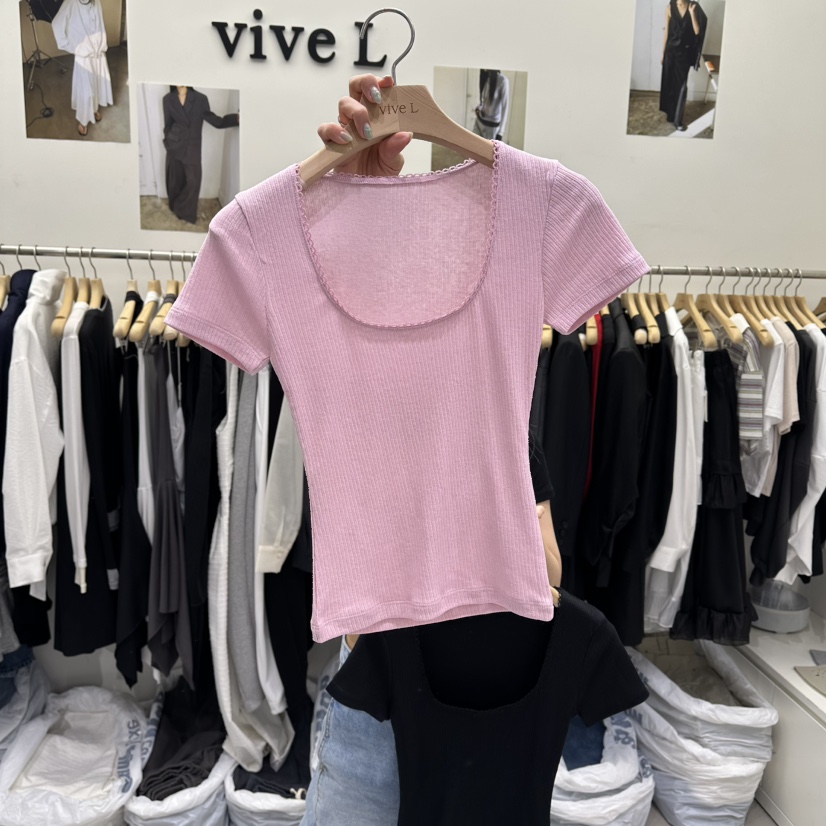 VIVEL韓國代購女士新品休閑26春夏職業熱賣推薦時尚T恤蕾絲VIVELT恤圖色2