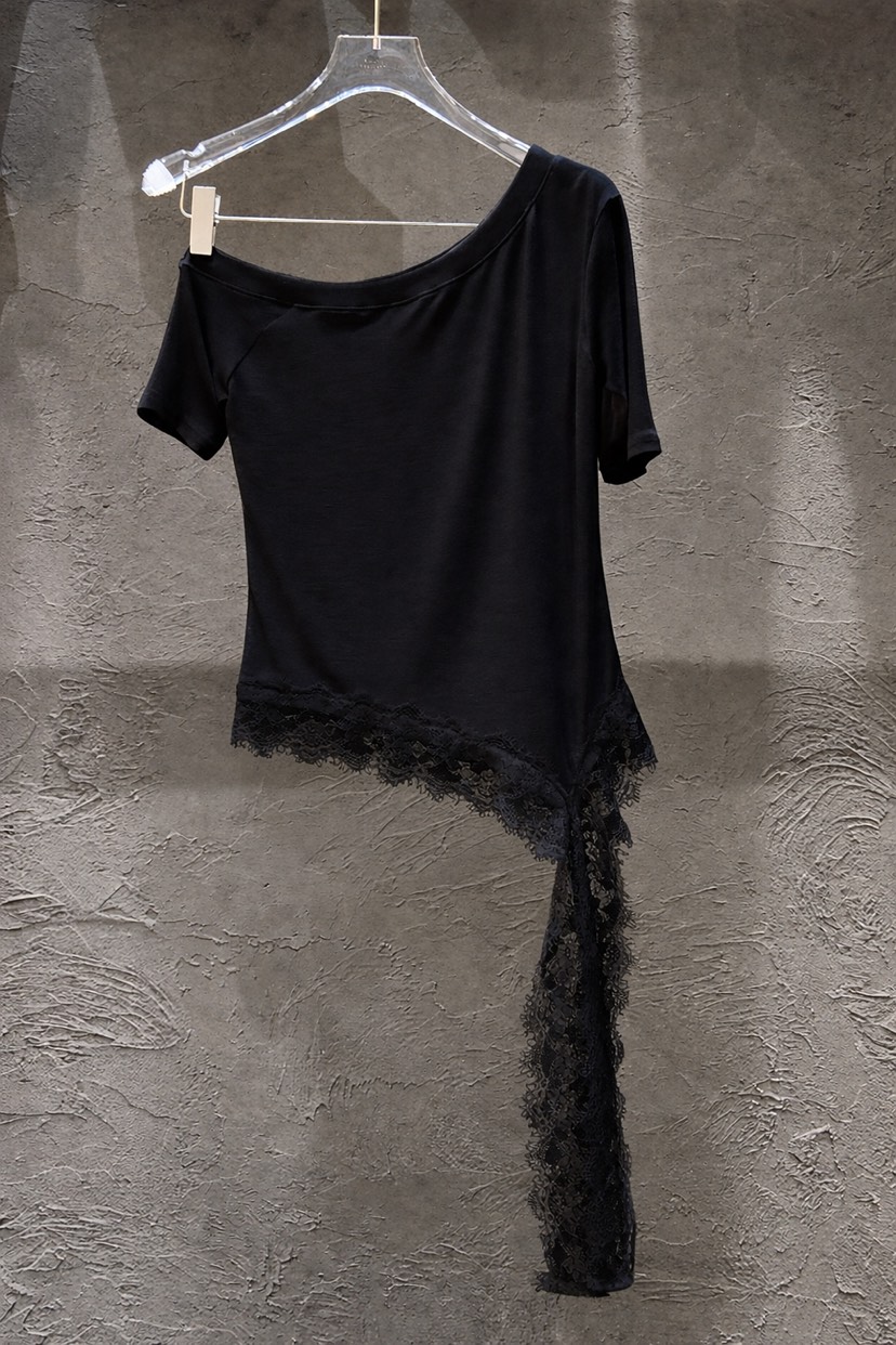 BLACK RIBBON-A韓國代購女士新款真品人氣熱賣T恤不對稱BLACK RIBBON-AT恤圖色2