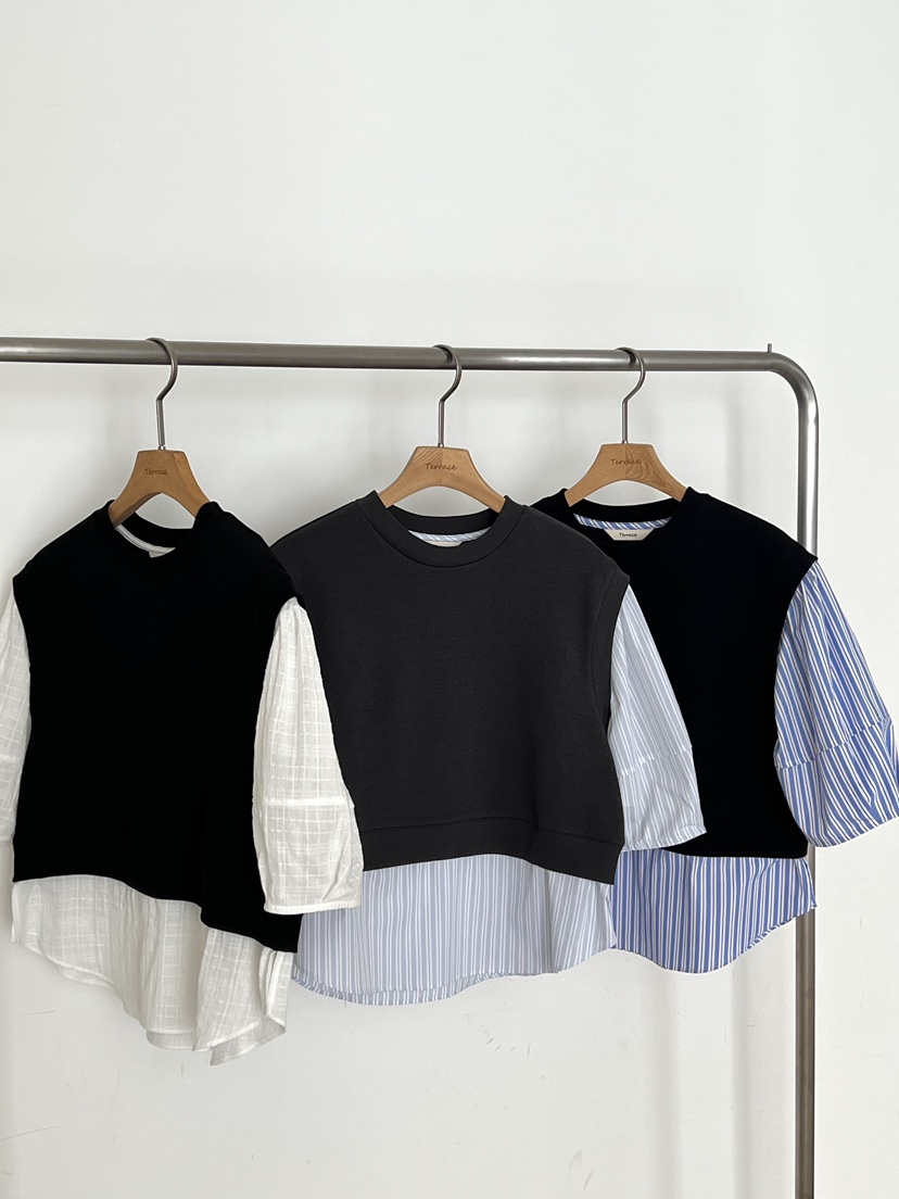 TERRACE韓國東大門直郵女士新款人氣襯衫蕾絲衫假兩件條紋TERRACE襯衫/蕾絲衫