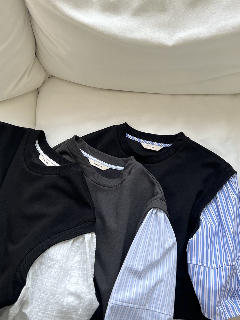 TERRACE韓國東大門直郵女士新款人氣襯衫蕾絲衫假兩件條紋TERRACE襯衫/蕾絲衫