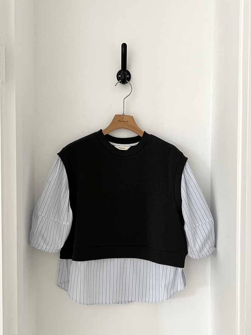 TERRACE韓國東大門直郵女士新款人氣襯衫蕾絲衫假兩件條紋TERRACE襯衫/蕾絲衫圖色2墨色