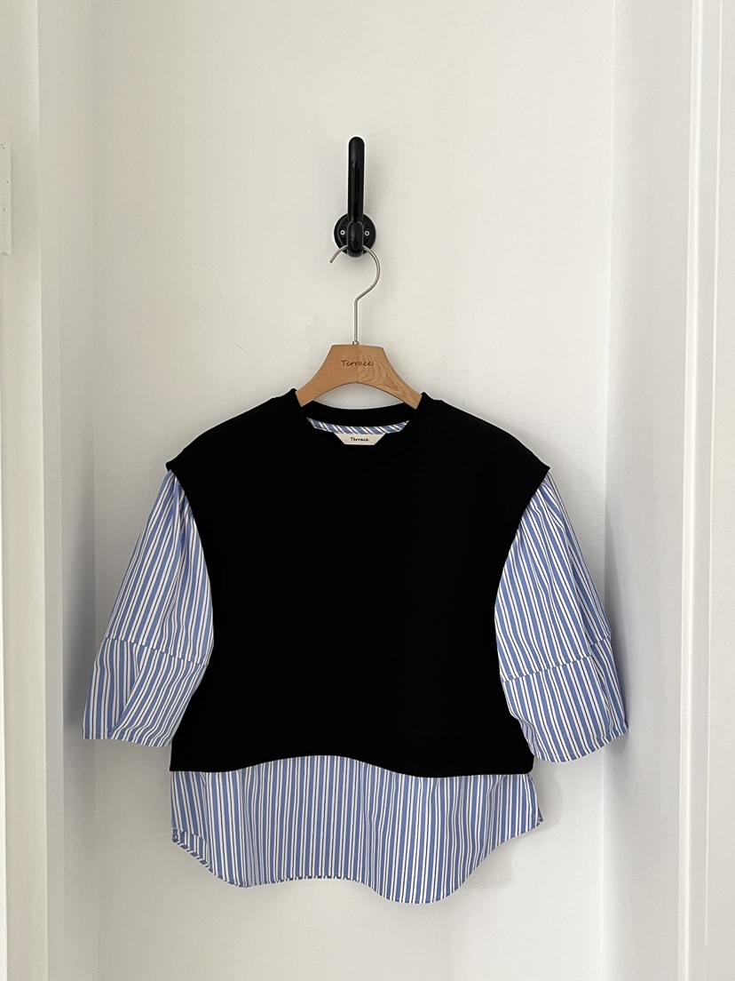 TERRACE韓國東大門直郵女士新款人氣襯衫蕾絲衫假兩件條紋TERRACE襯衫/蕾絲衫圖色3黑藍