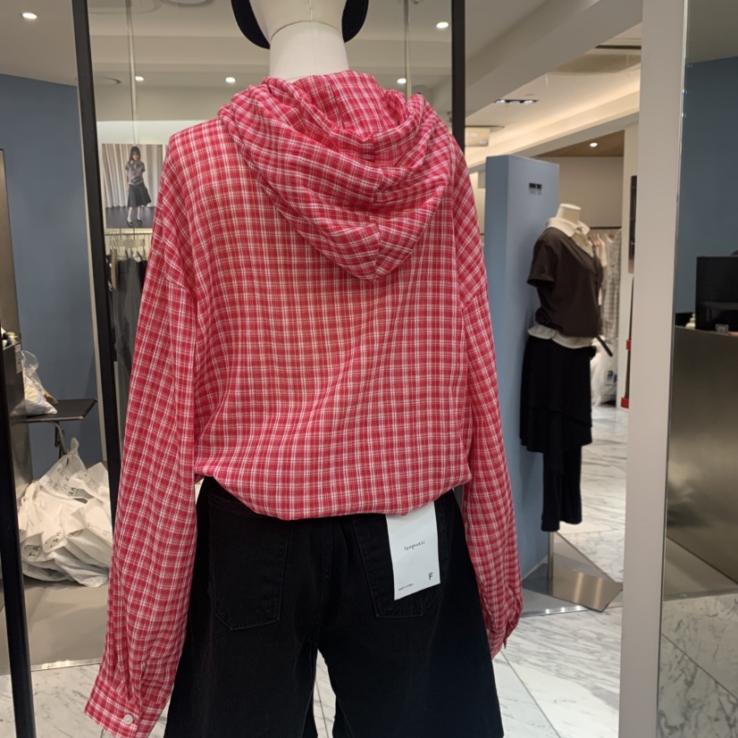 SPAGHETTI韓國東大門直郵女士新品時尚襯衫蕾絲衫連帽衫格子spaghetti襯衫/蕾絲衫