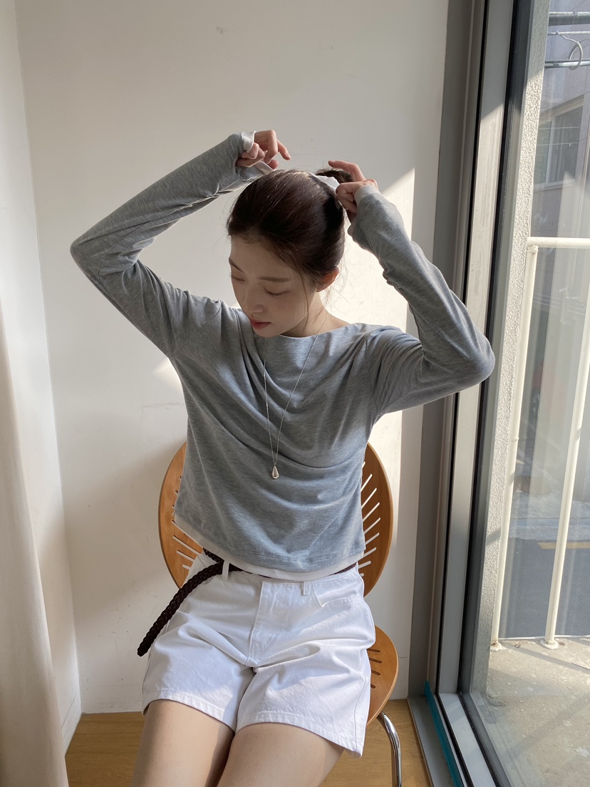 ERUME韓國東大門代購女士新款熱賣26春夏職業長袖T恤褶裥ERUME長袖T恤