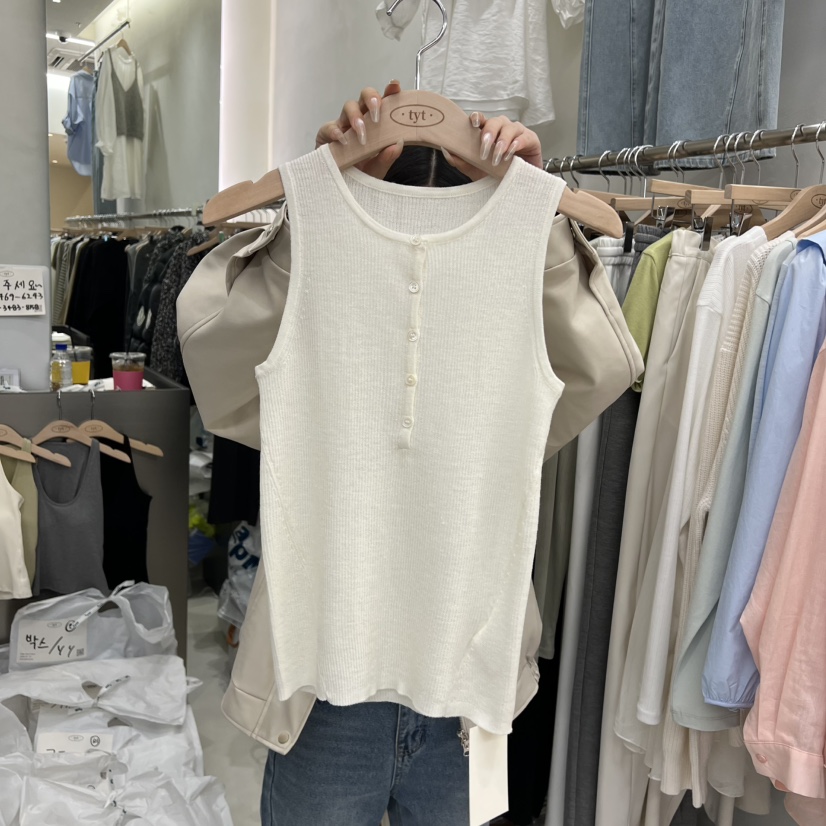 TAKE YOUE TIME韓國代購女士新款熱賣吊帶背心紐扣羅紋TAKE YOUE TIME吊帶/背心圖色1