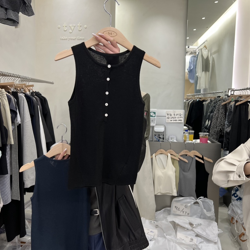 TAKE YOUE TIME韓國代購女士新款熱賣吊帶背心紐扣羅紋TAKE YOUE TIME吊帶/背心圖色2