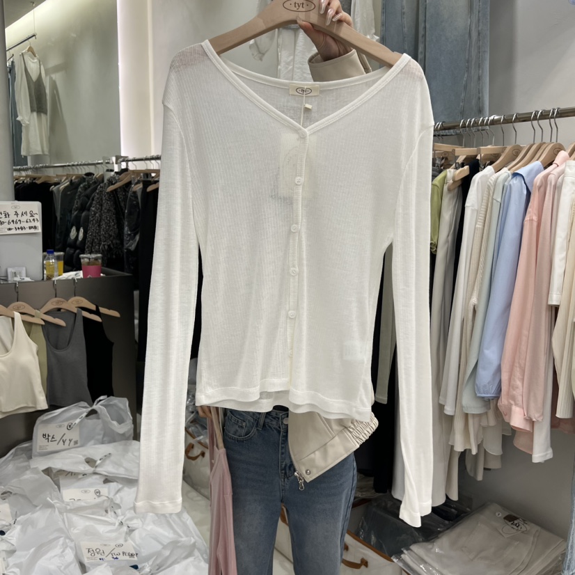 TAKE YOUE TIME韓國東大門直郵女士新品人氣長袖T恤V領開衫羅紋TAKE YOUE TIME長袖T恤圖色2