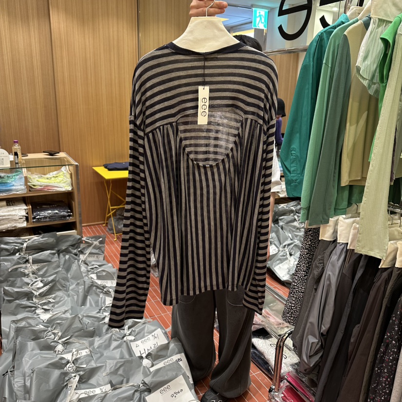 EEE韓國直郵女裝新款休閑推薦熱賣時尚26春夏長袖T恤條紋羅紋EEE長袖T恤