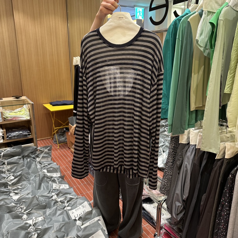 EEE韓國直郵女裝新款休閑推薦熱賣時尚26春夏長袖T恤條紋羅紋EEE長袖T恤圖色2