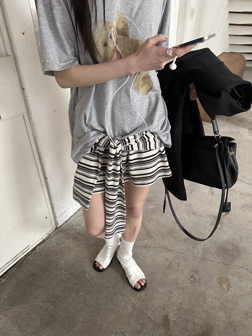 BOWIE韓國直郵女士新款推薦26春夏時尚休閑人氣短裙系帶條紋BOWIE短裙