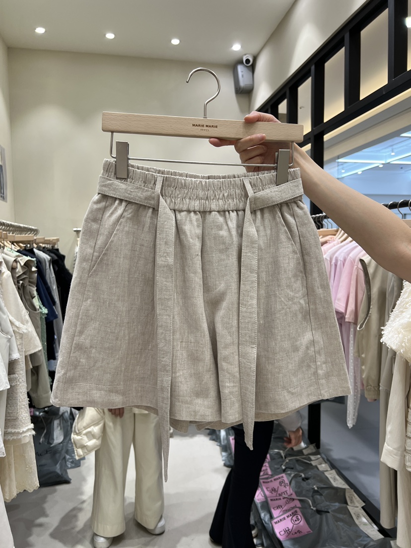 MARIE MARIE韓國直郵女裝新品職業休閑人氣短褲含腰帶亞麻MARIE MARIE短褲圖色1