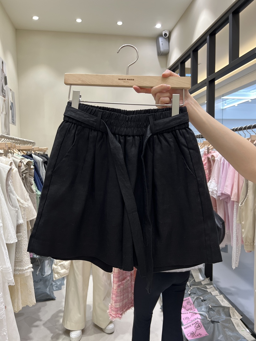 MARIE MARIE韓國直郵女裝新品職業休閑人氣短褲含腰帶亞麻MARIE MARIE短褲圖色2黑色