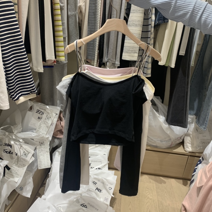 MEMOIRE韓國東大門代購女士新款職業26春夏人氣長袖T恤露肩MEMOIRE長袖T恤