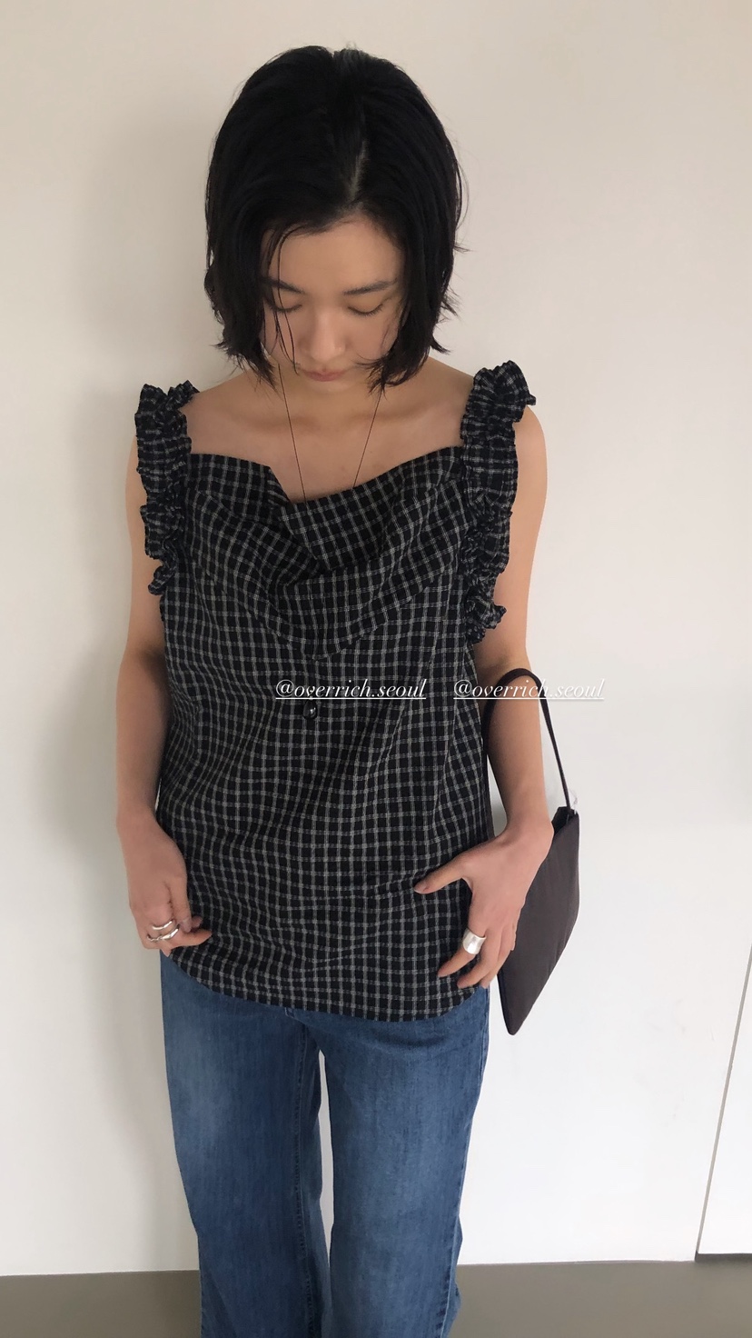 OVER RICH韓國直郵女裝新款26春夏休閑吊帶背心荷葉邊格紋OVER RICH吊帶/背心