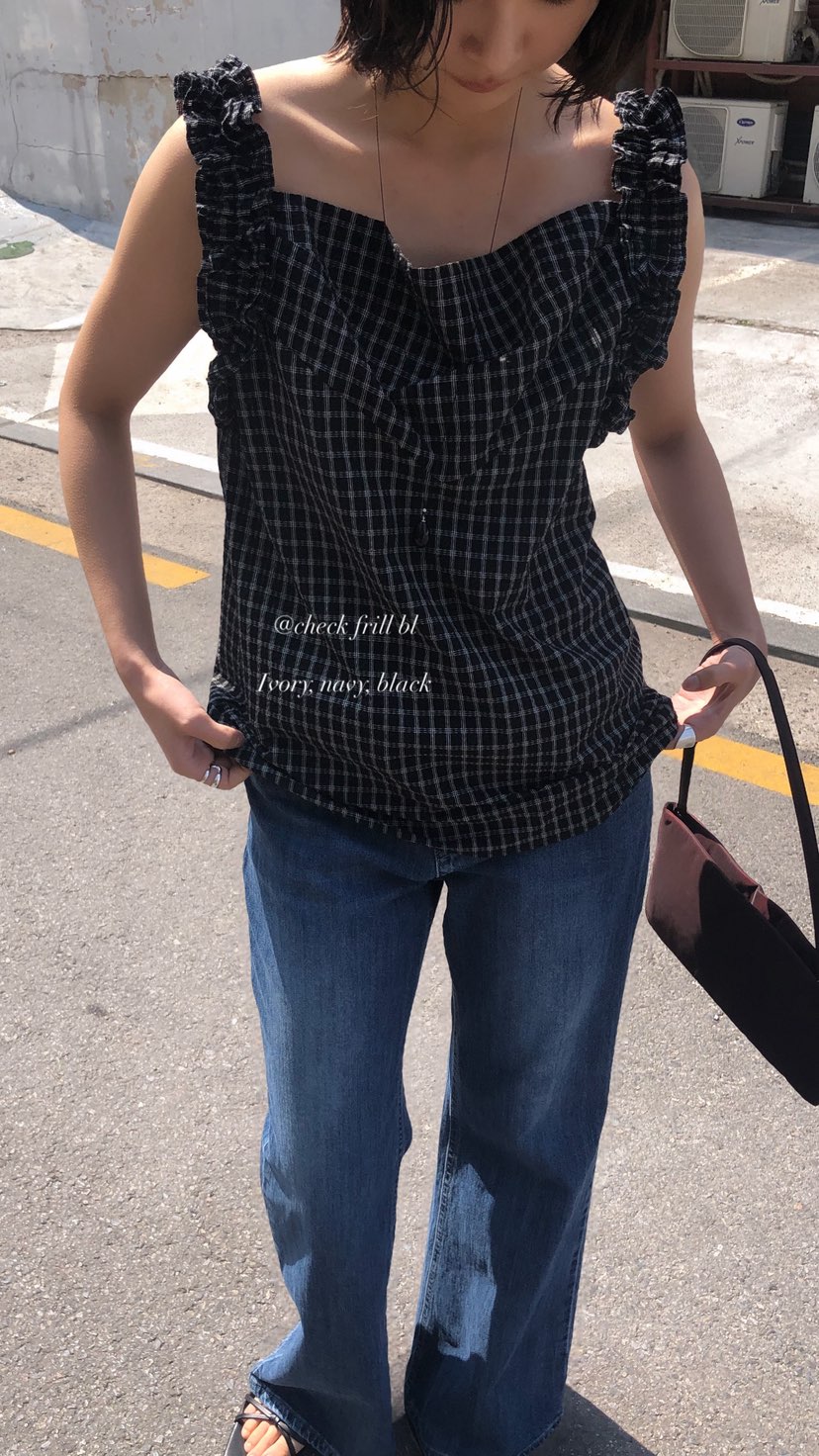 OVER RICH韓國直郵女裝新款26春夏休閑吊帶背心荷葉邊格紋OVER RICH吊帶/背心