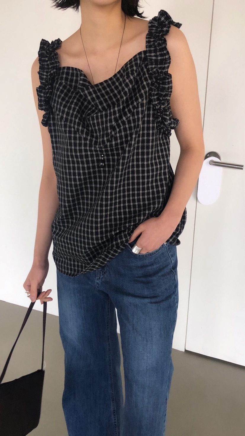 OVER RICH韓國直郵女裝新款26春夏休閑吊帶背心荷葉邊格紋OVER RICH吊帶/背心