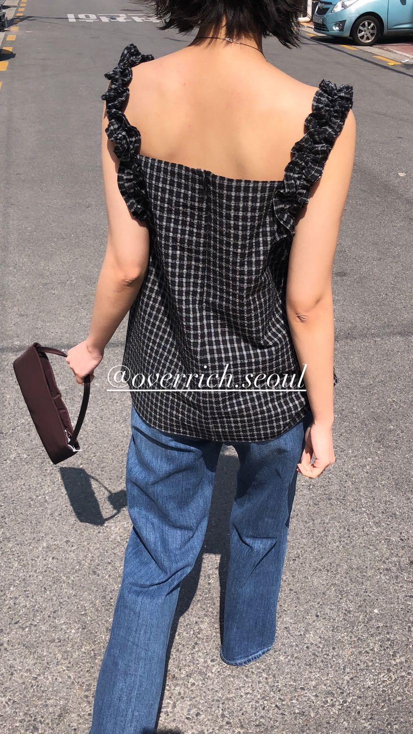 OVER RICH韓國直郵女裝新款26春夏休閑吊帶背心荷葉邊格紋OVER RICH吊帶/背心