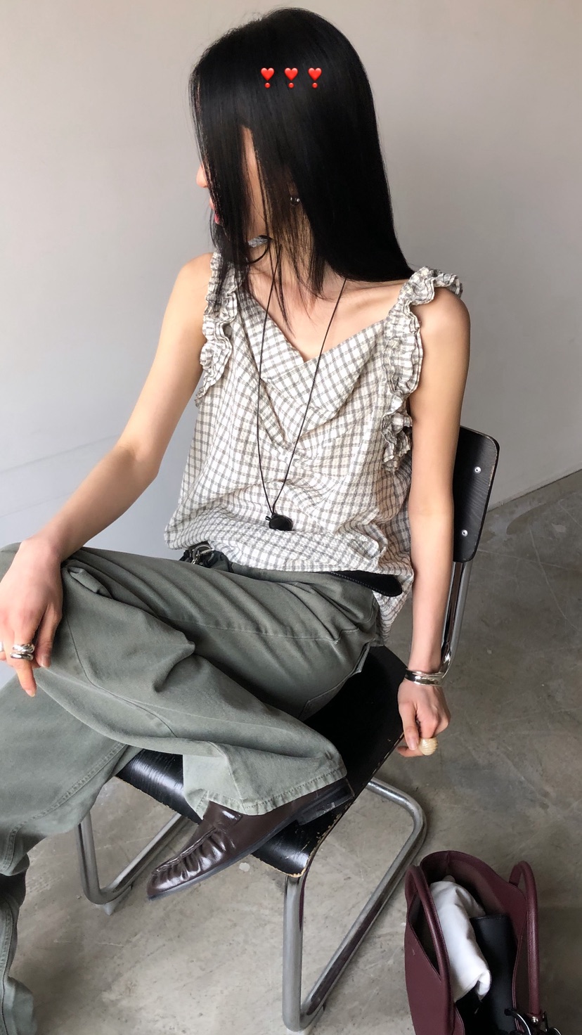 OVER RICH韓國直郵女裝新款26春夏休閑吊帶背心荷葉邊格紋OVER RICH吊帶/背心