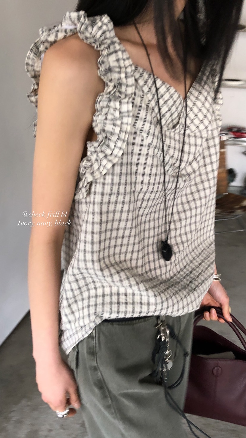 OVER RICH韓國直郵女裝新款26春夏休閑吊帶背心荷葉邊格紋OVER RICH吊帶/背心