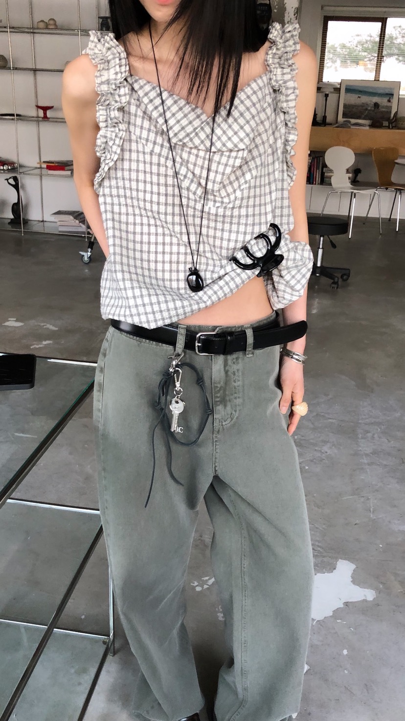 OVER RICH韓國直郵女裝新款26春夏休閑吊帶背心荷葉邊格紋OVER RICH吊帶/背心