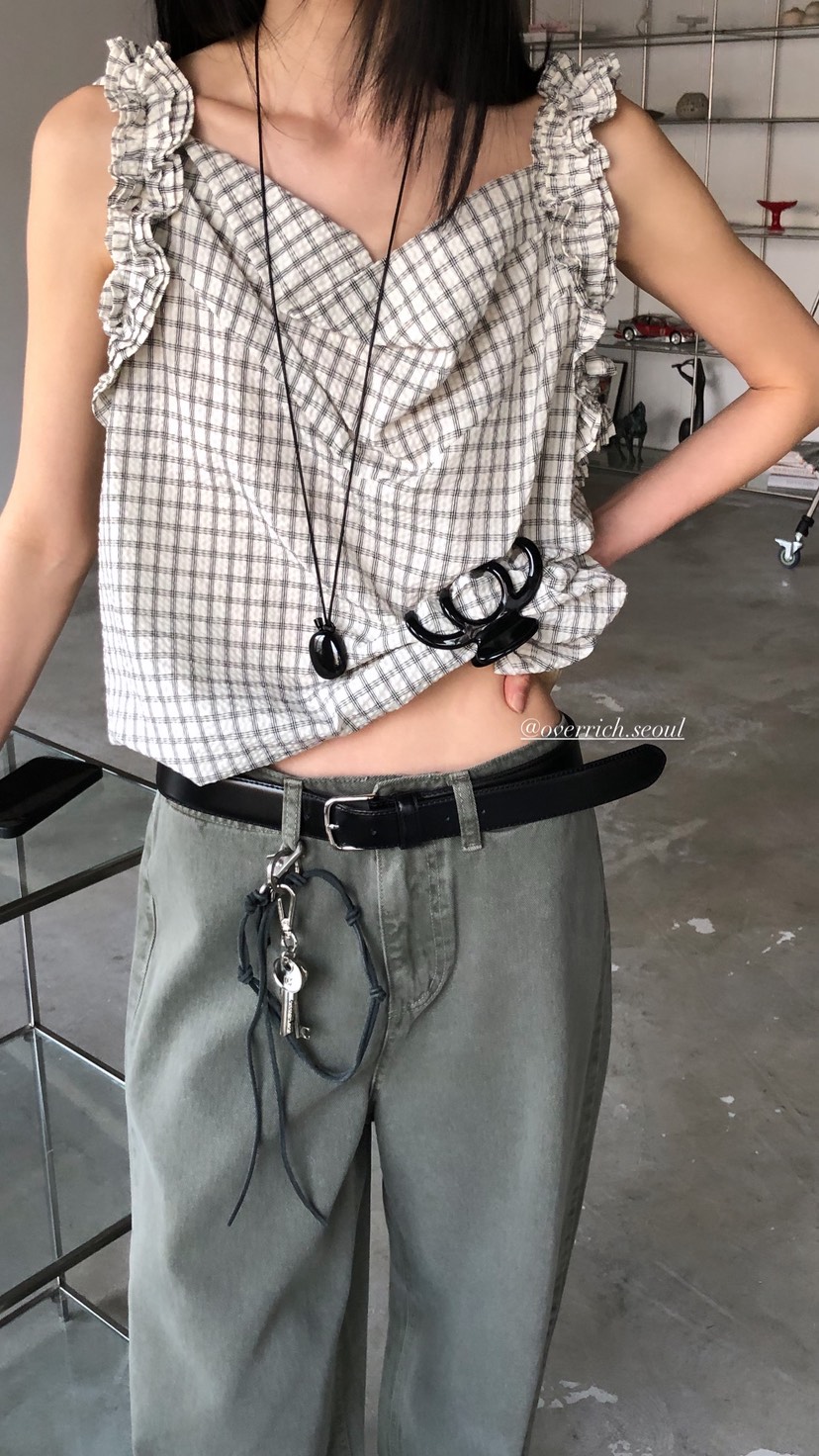 OVER RICH韓國直郵女裝新款26春夏休閑吊帶背心荷葉邊格紋OVER RICH吊帶/背心