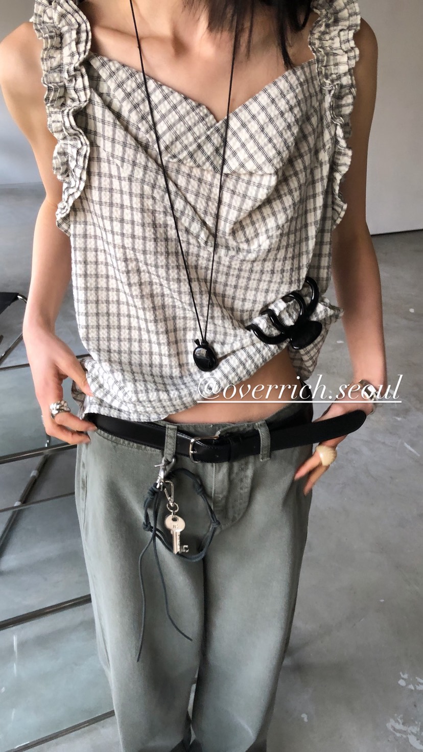 OVER RICH韓國直郵女裝新款26春夏休閑吊帶背心荷葉邊格紋OVER RICH吊帶/背心