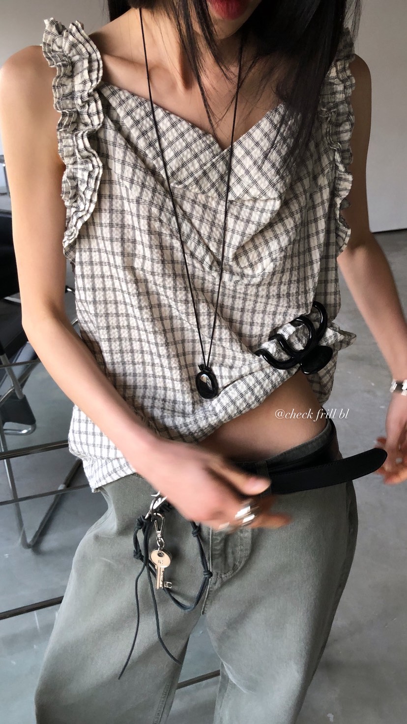 OVER RICH韓國直郵女裝新款26春夏休閑吊帶背心荷葉邊格紋OVER RICH吊帶/背心