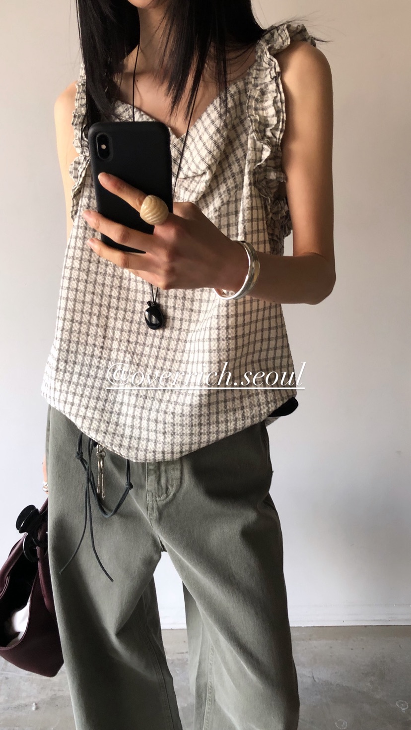 OVER RICH韓國直郵女裝新款26春夏休閑吊帶背心荷葉邊格紋OVER RICH吊帶/背心