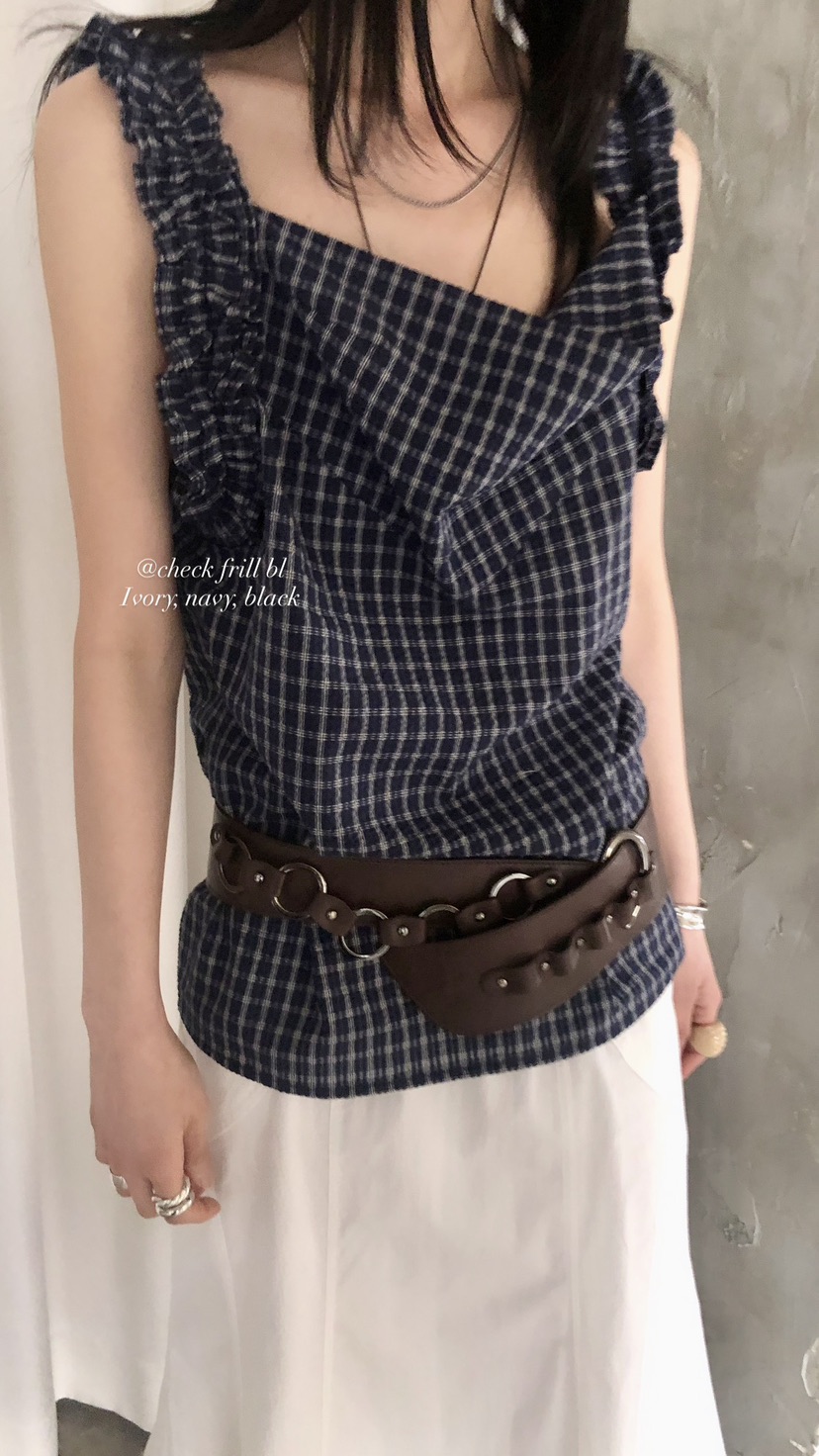 OVER RICH韓國直郵女裝新款26春夏休閑吊帶背心荷葉邊格紋OVER RICH吊帶/背心