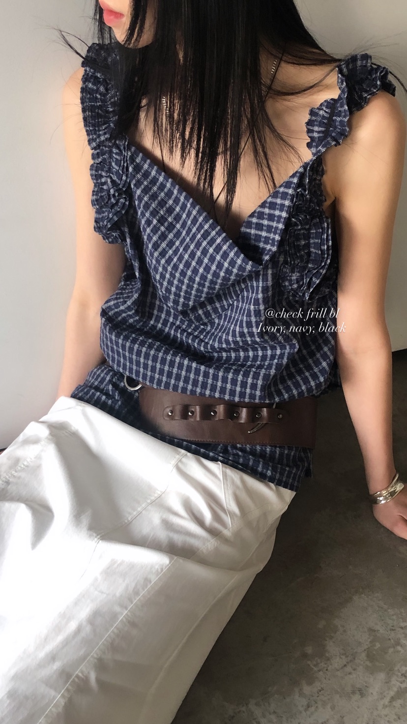 OVER RICH韓國直郵女裝新款26春夏休閑吊帶背心荷葉邊格紋OVER RICH吊帶/背心