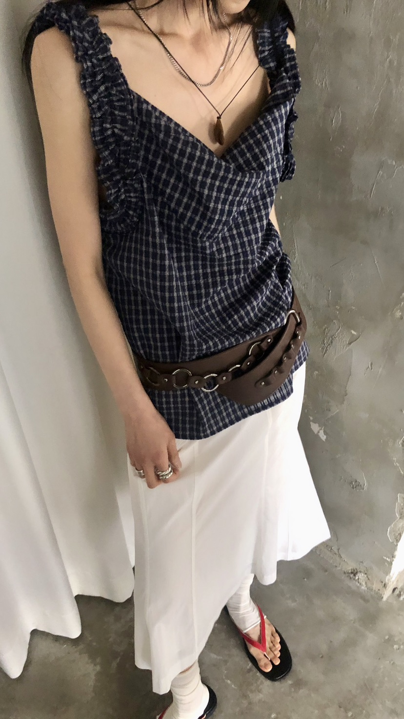 OVER RICH韓國直郵女裝新款26春夏休閑吊帶背心荷葉邊格紋OVER RICH吊帶/背心