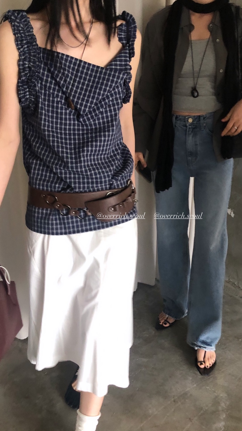 OVER RICH韓國直郵女裝新款26春夏休閑吊帶背心荷葉邊格紋OVER RICH吊帶/背心