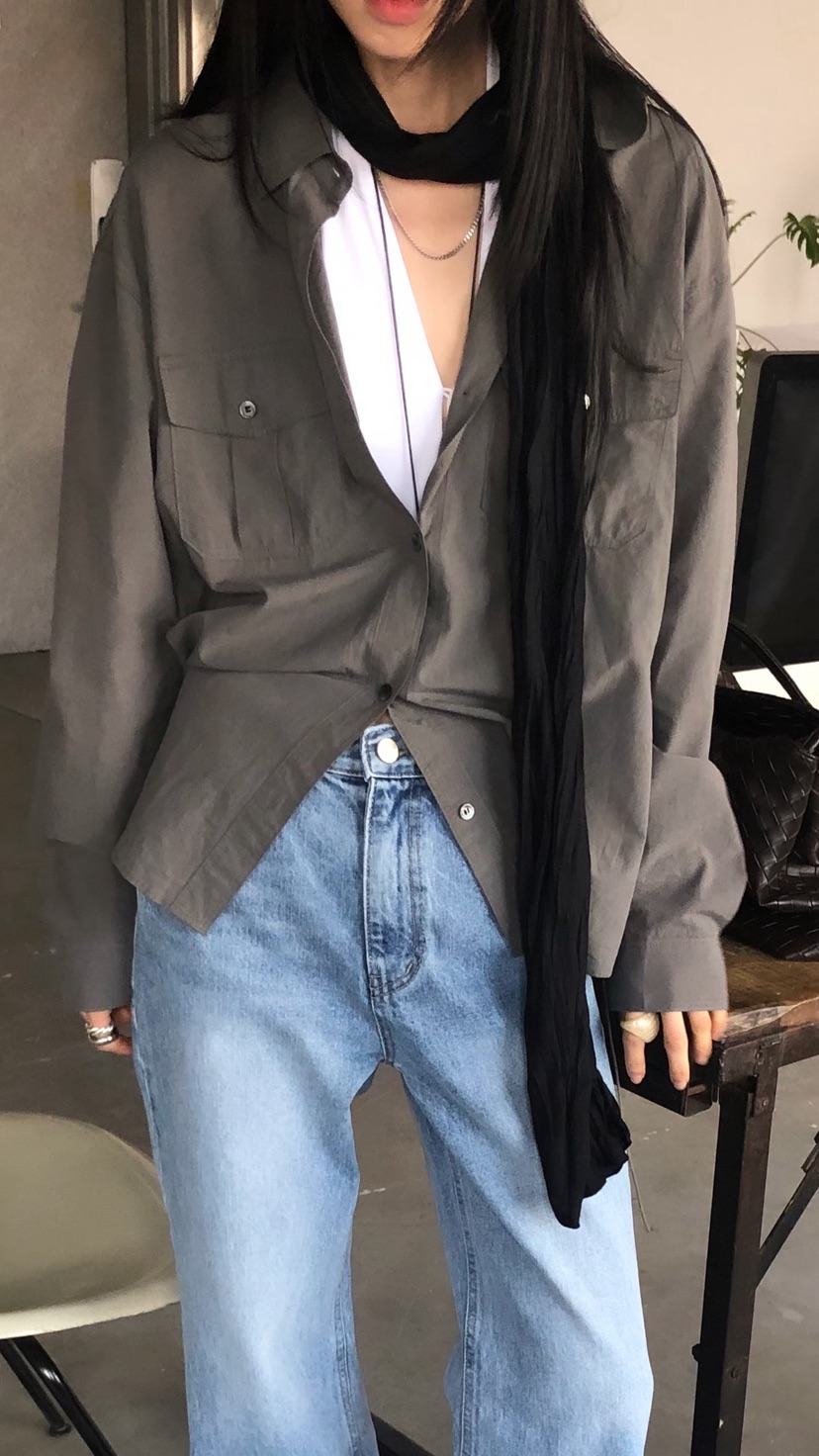 OVER RICH韓國東大門直郵女士新品26春夏襯衫蕾絲衫口袋OVER RICH襯衫/蕾絲衫