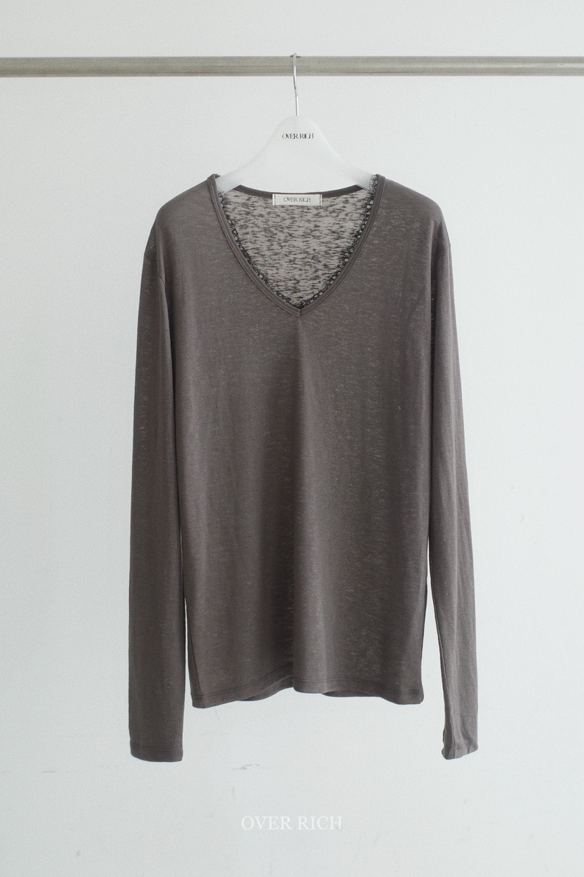 OVER RICH韓國東大門代購女士新款人氣26春夏長袖T恤V領蕾絲OVER RICH長袖T恤圖色4