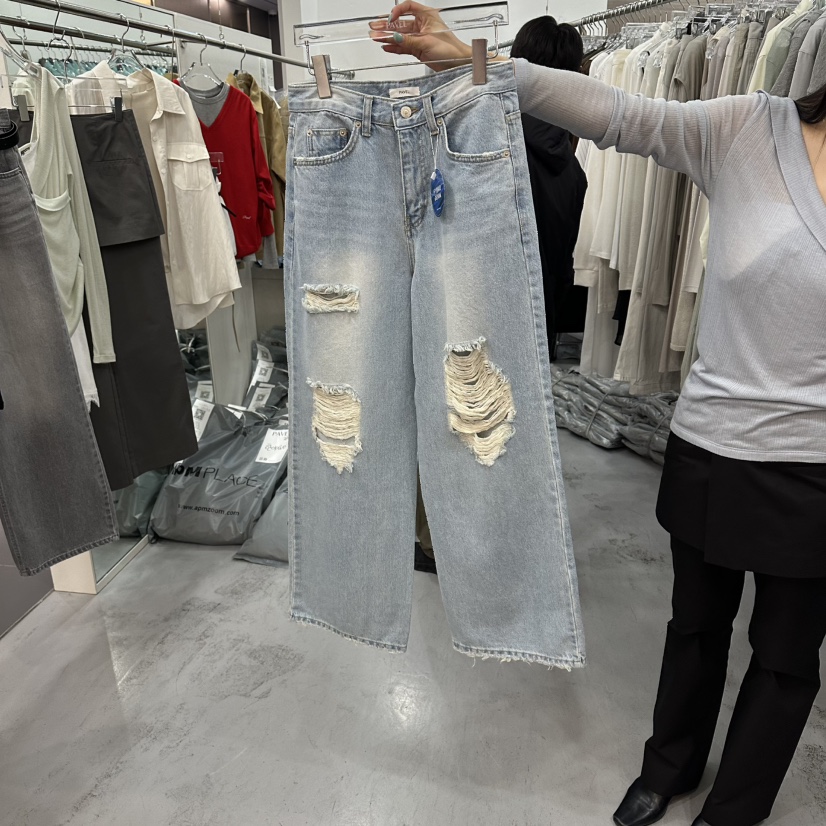 PAVEL韓國直郵實拍女裝新款26春夏時尚熱賣休閑牛仔褲破洞PAVEL牛仔褲圖色1