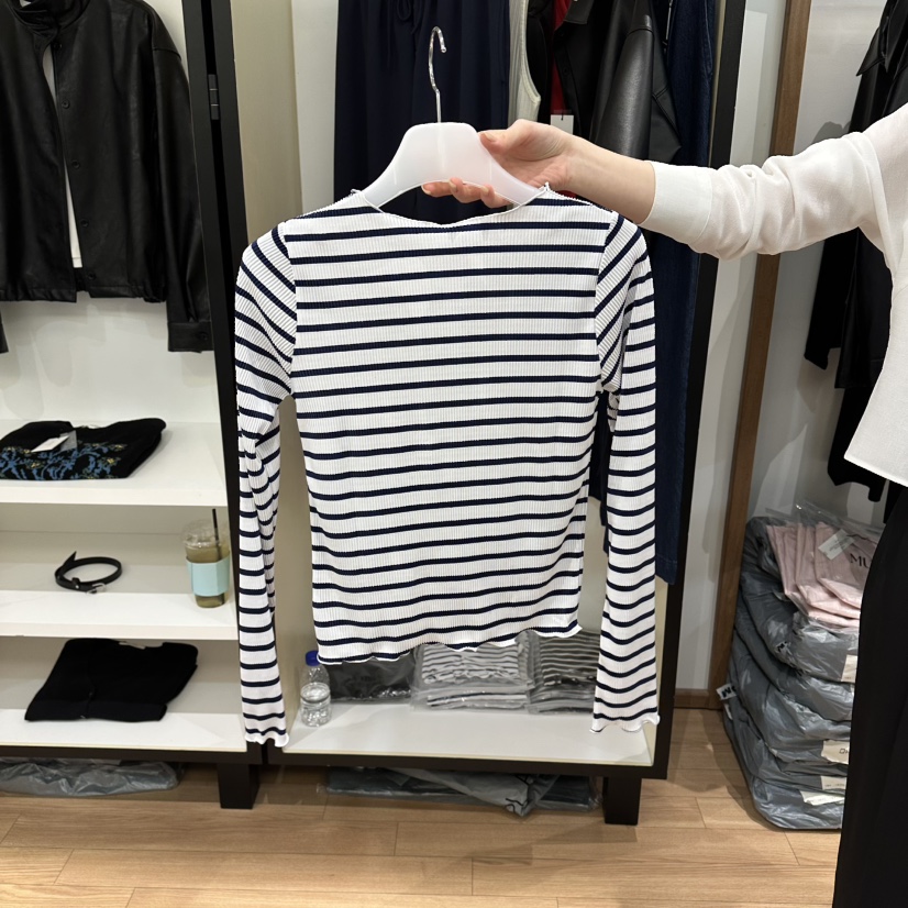 MUYBIEN韓國代購女士新品推薦職業休閑熱賣長袖T恤褶裥條紋MUYBIEN長袖T恤