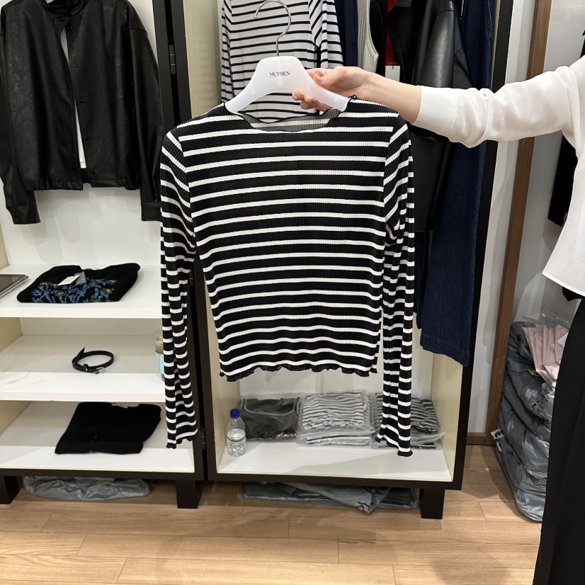 MUYBIEN韓國代購女士新品推薦職業休閑熱賣長袖T恤褶裥條紋MUYBIEN長袖T恤圖色2
