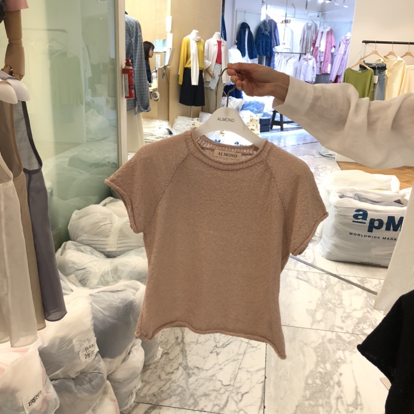 ALMOND韓國東大門直郵女裝新款時尚推薦熱賣26春夏T恤亞麻針織ALMONDT恤圖色2