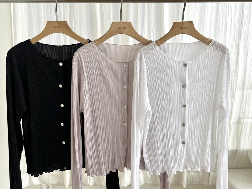 OP PER韓國東大門直郵女士新款職業推薦長袖T恤褶裥開衫OPPER-simplebeige長袖T恤