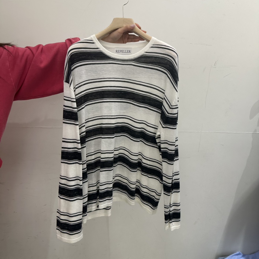 REPELLER韓國代購女士新品休閑推薦熱賣針織衫亞麻寬松條紋REPELLER針織衫圖色1