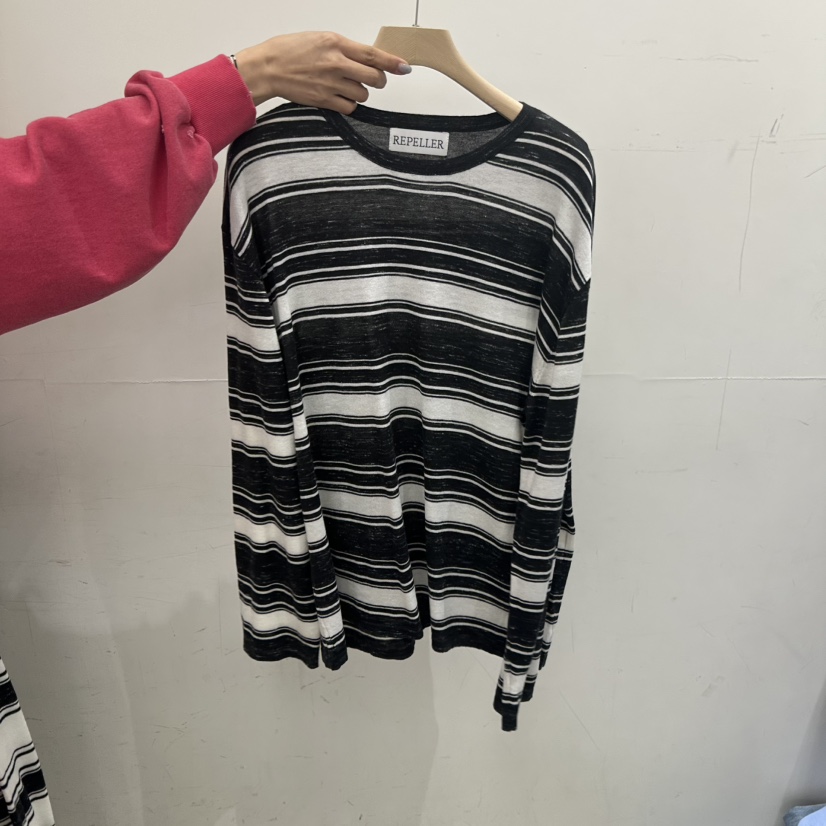 REPELLER韓國代購女士新品休閑推薦熱賣針織衫亞麻寬松條紋REPELLER針織衫圖色2