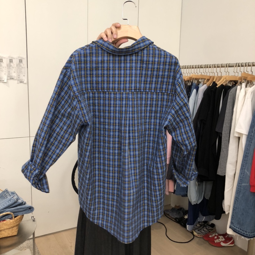 DOHWAJI韓國直郵實拍女士新品職業休閑襯衫蕾絲衫格紋海軍DOHWAJI襯衫/蕾絲衫