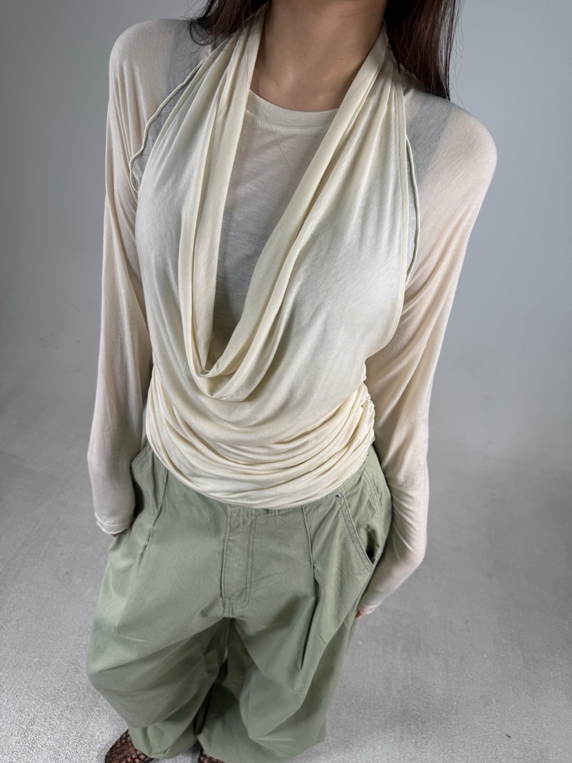 SHIRRING韓國東大門直郵女裝新款推薦26春夏長袖T恤插肩袖透視SHIRRING長袖T恤