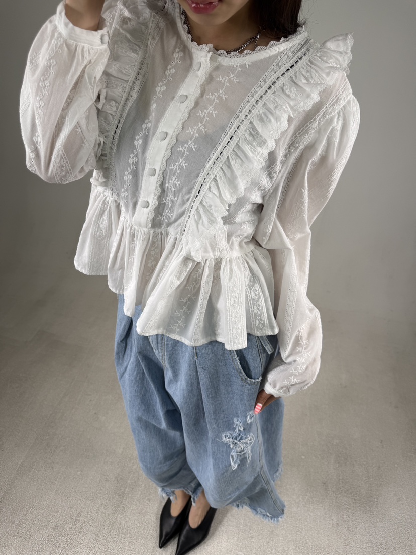 SHIRRING韓國東大門直郵女裝新品休閑職業推薦襯衫蕾絲衫SHIRRING襯衫/蕾絲衫